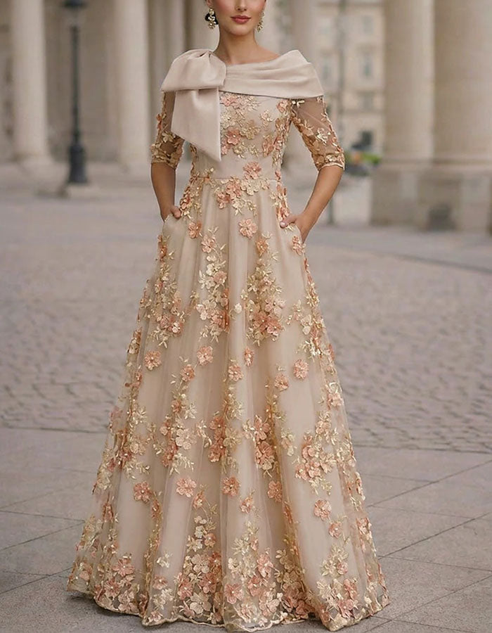 Solid Color 3D Floral Embroidery Maxi Dress