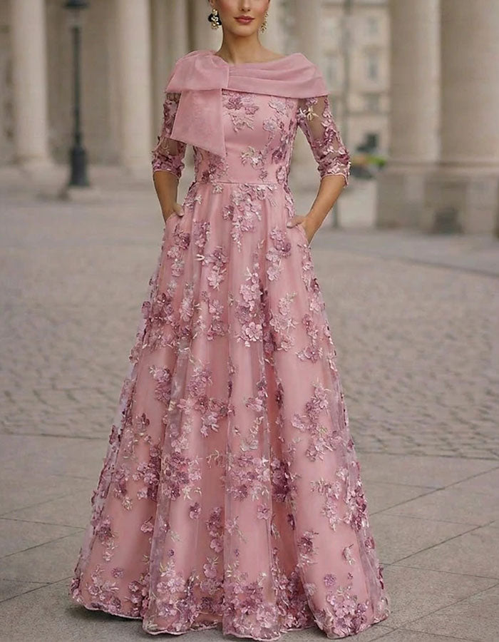 Solid Color 3D Floral Embroidery Maxi Dress