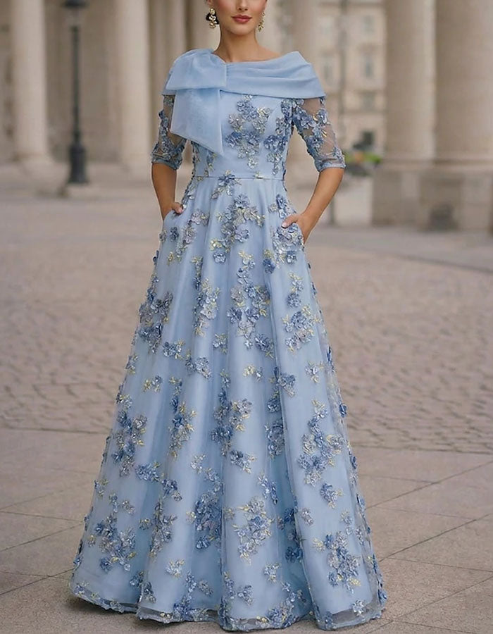 Solid Color 3D Floral Embroidery Maxi Dress