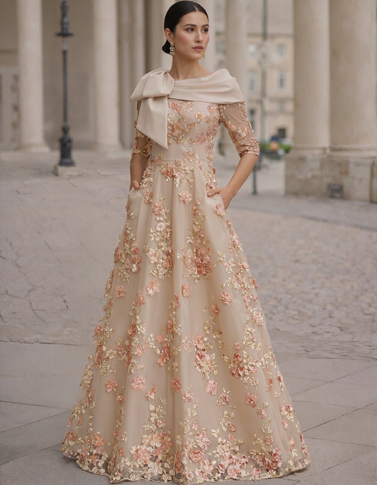 Solid Color 3D Floral Embroidery Maxi Dress