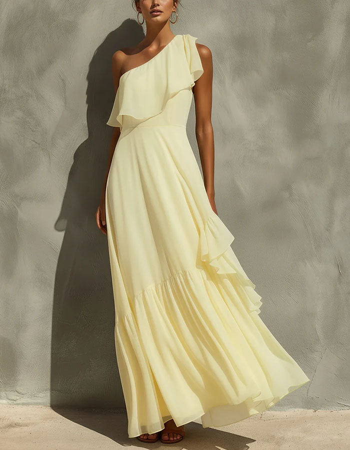 Light Yellow One Shoulder Chiffon Maxi Dress