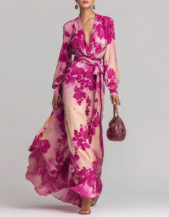 Rose Pink Floral Chiffon Maxi Dress