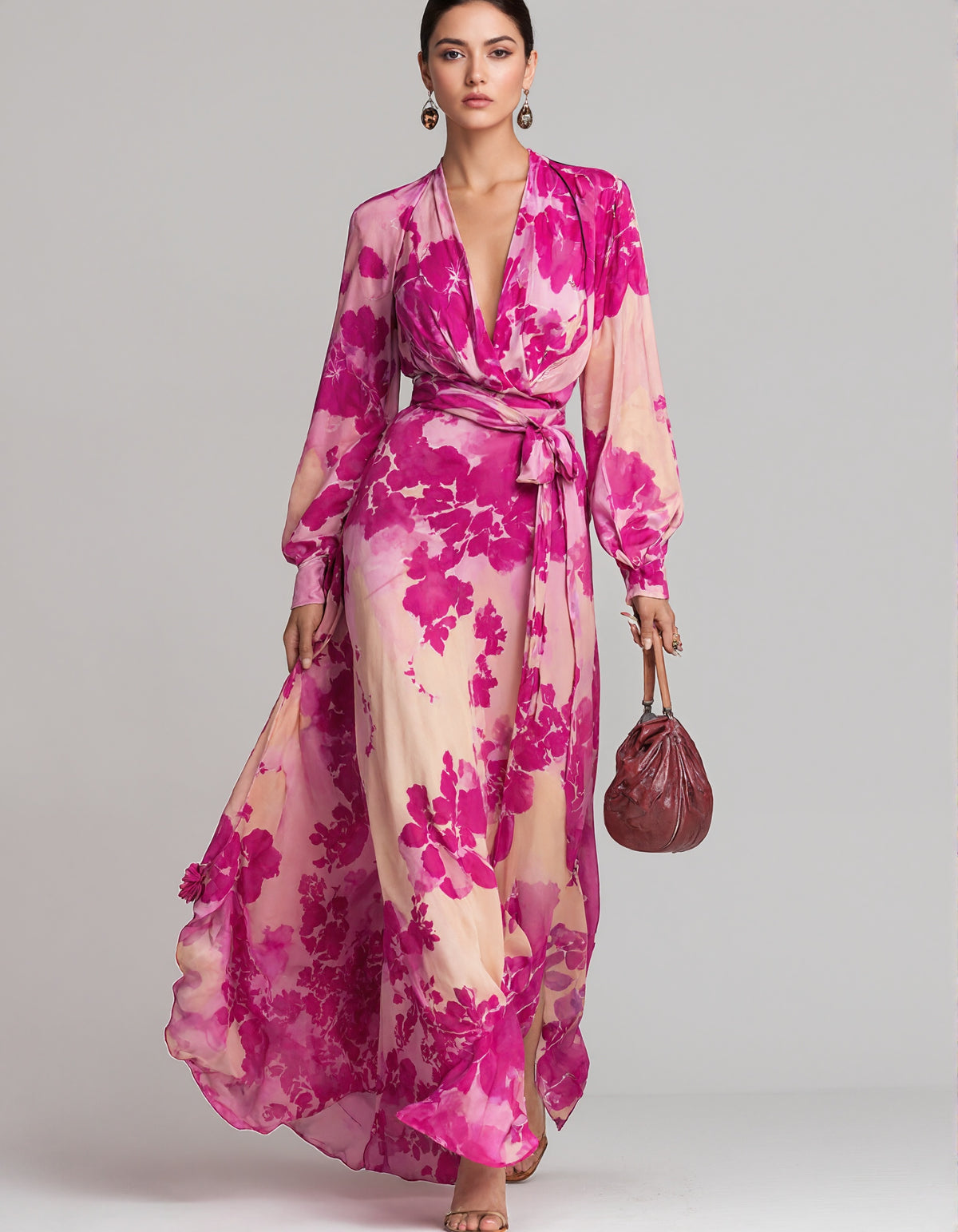 Rose Pink Floral Chiffon Maxi Dress