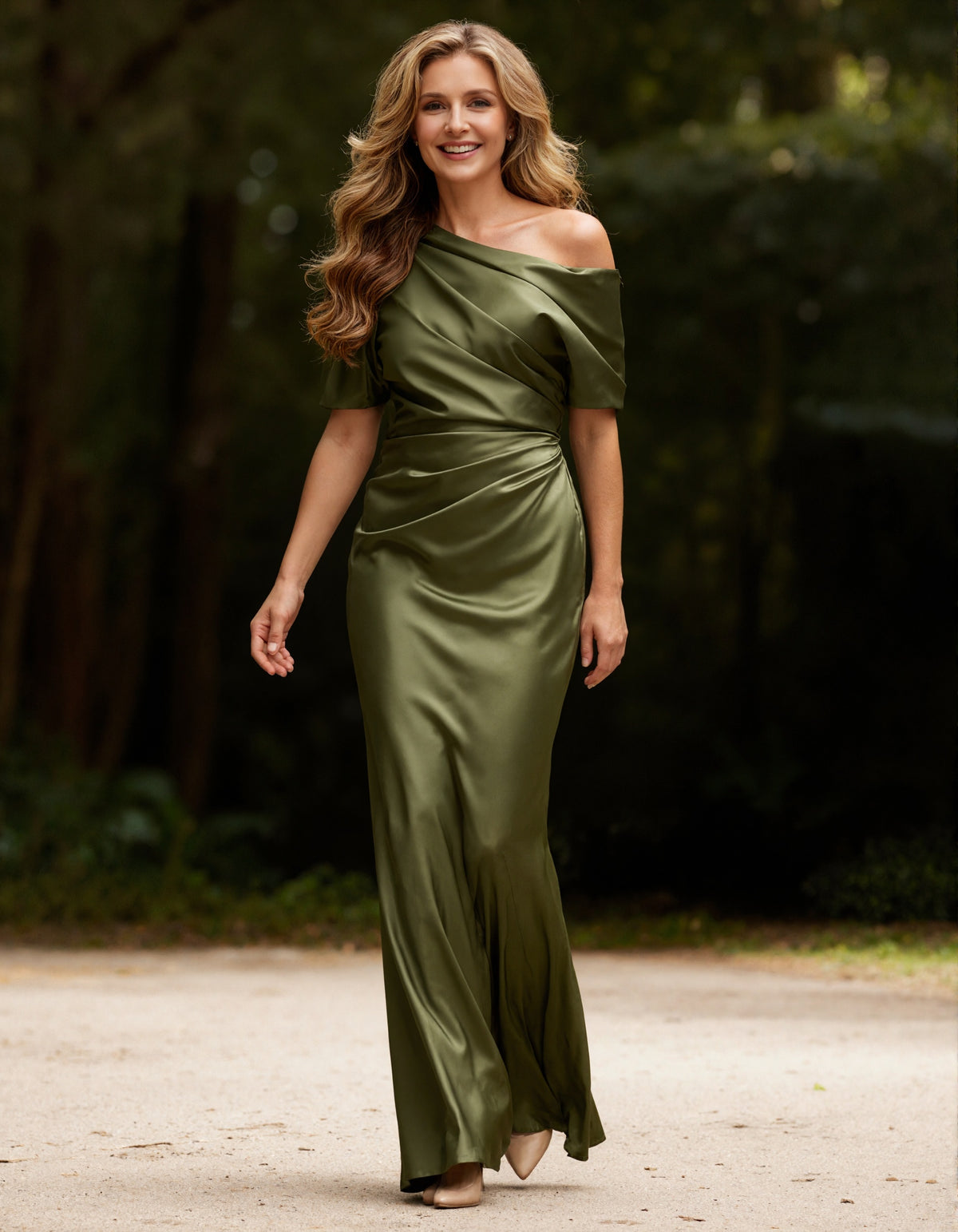 Olive Green Off Shoulder Satin Maxi Dress