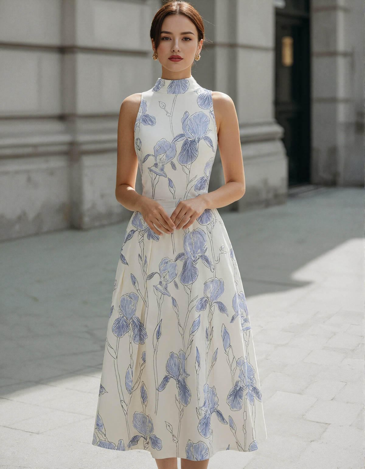 Cream Colored Sleeveless Iris Print Midi Dress