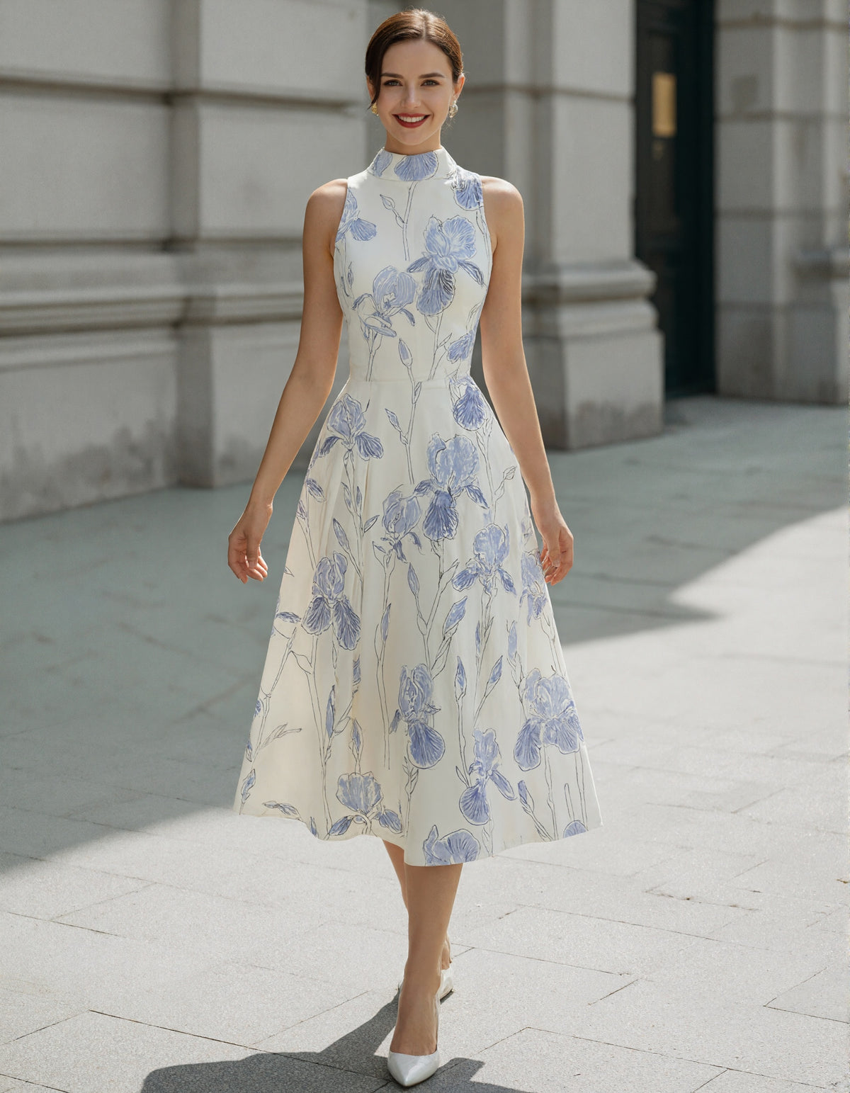 Cream Colored Sleeveless Iris Print Midi Dress