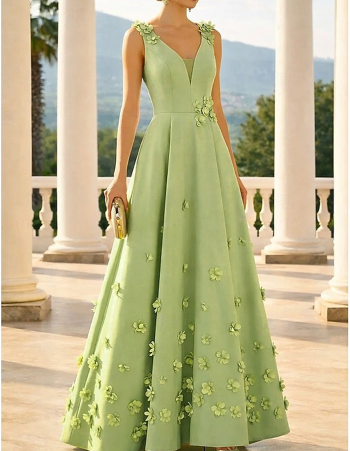Satin V-Neck 3D Floral A-Line Maxi Dress