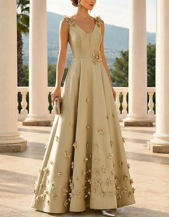 Satin V-Neck 3D Floral A-Line Maxi Dress