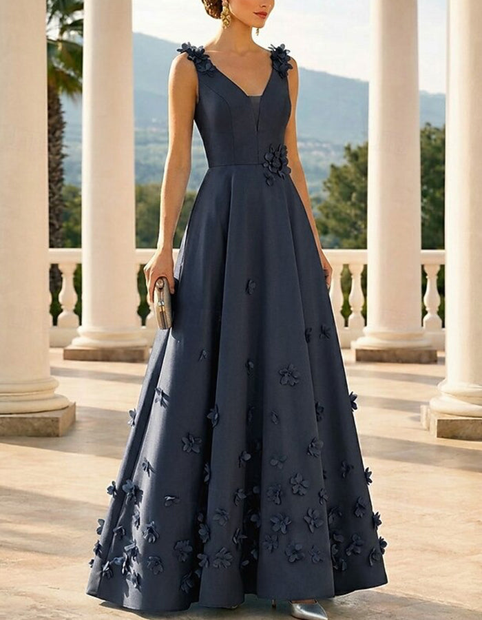 Satin V-Neck 3D Floral A-Line Maxi Dress