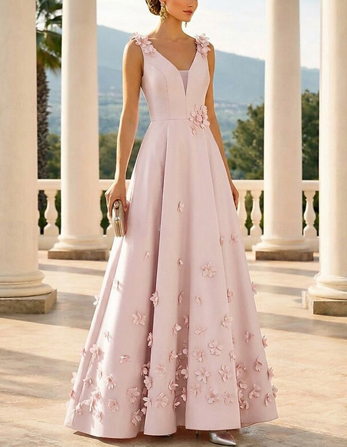 Satin V-Neck 3D Floral A-Line Maxi Dress