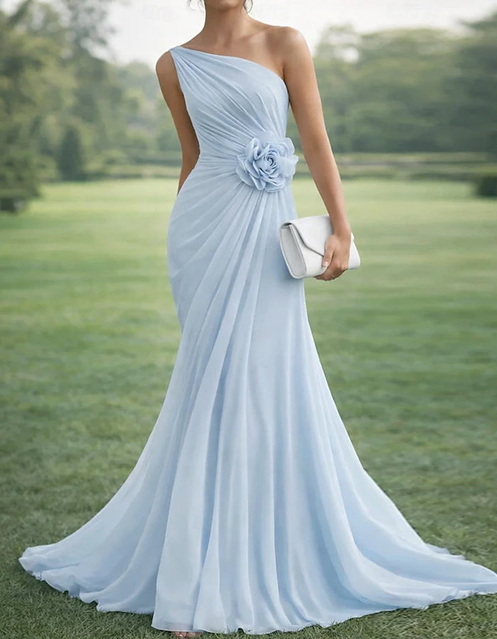 Pure Blue One Shoulder Chiffon Maxi Dress