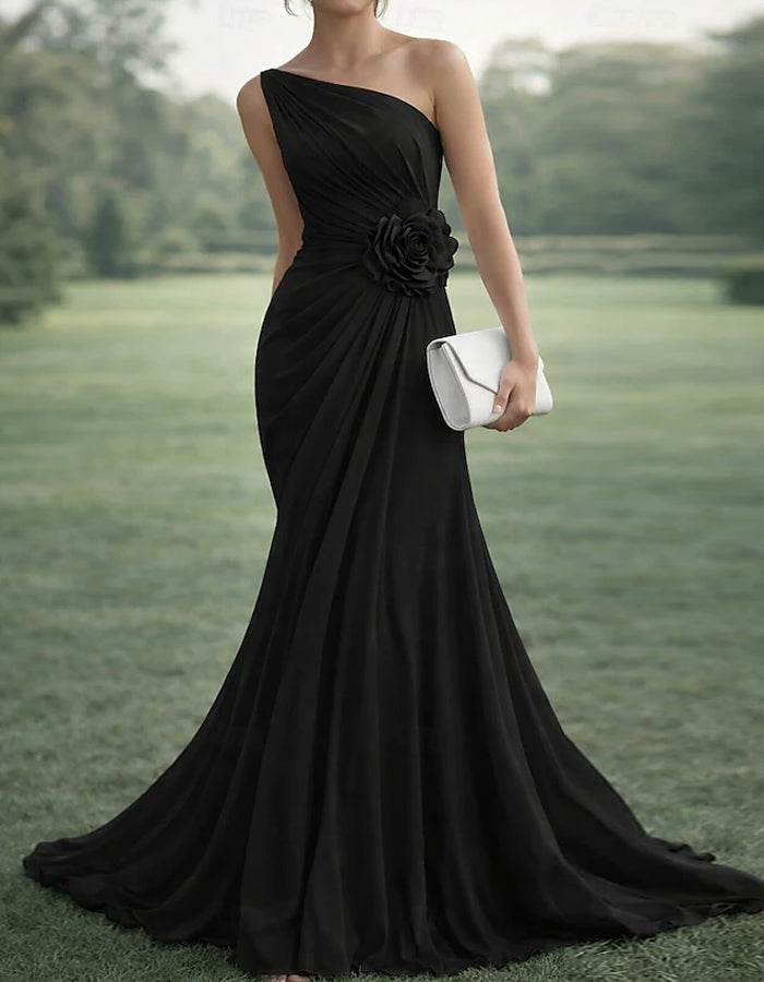 Pure Blue One Shoulder Chiffon Maxi Dress