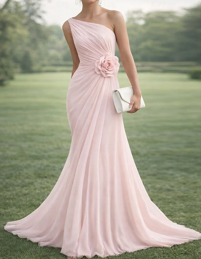 Pure Blue One Shoulder Chiffon Maxi Dress