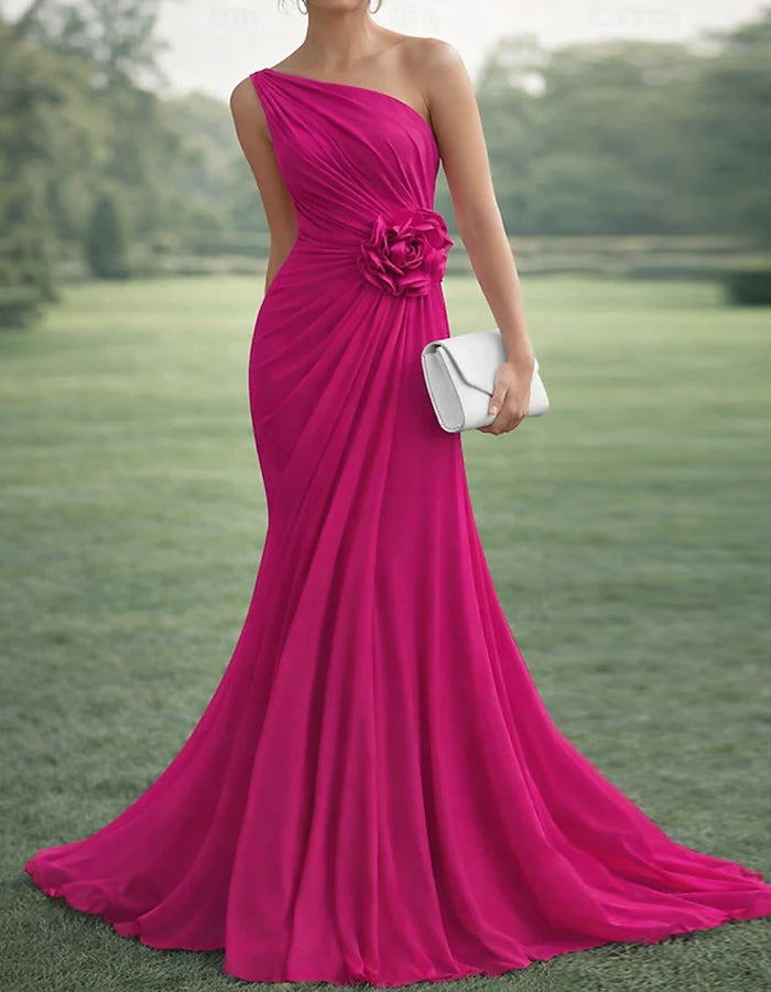 Pure Blue One Shoulder Chiffon Maxi Dress