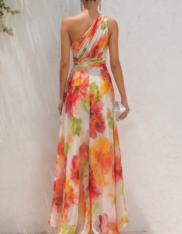 Orange Chiffon One-Shoulder High-Low Maxi Dress