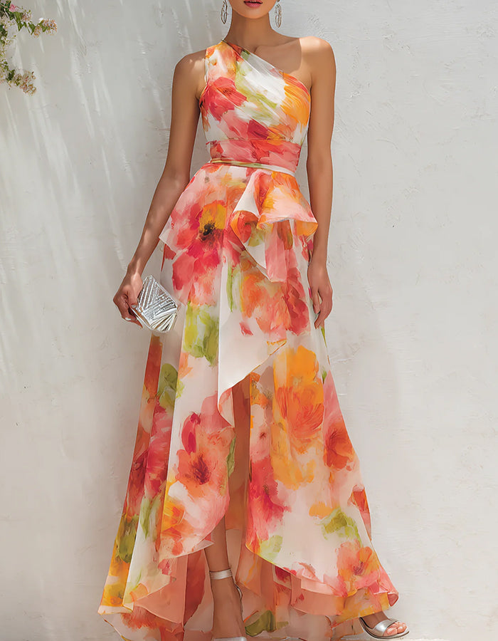 Orange Chiffon One-Shoulder High-Low Maxi Dress