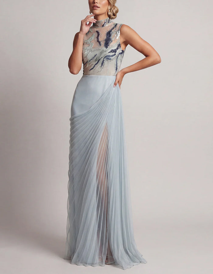 Blue Gray High Neck Tulle Sequins Maxi Dress