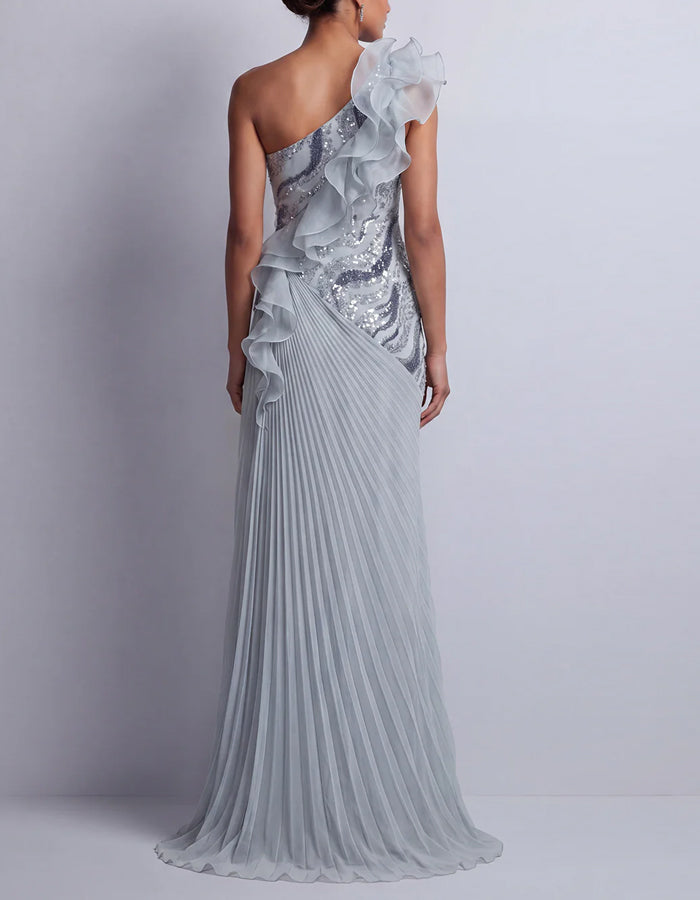Blue Grey One Shoulder Sequined Pleated Chiffon Maxi Dress
