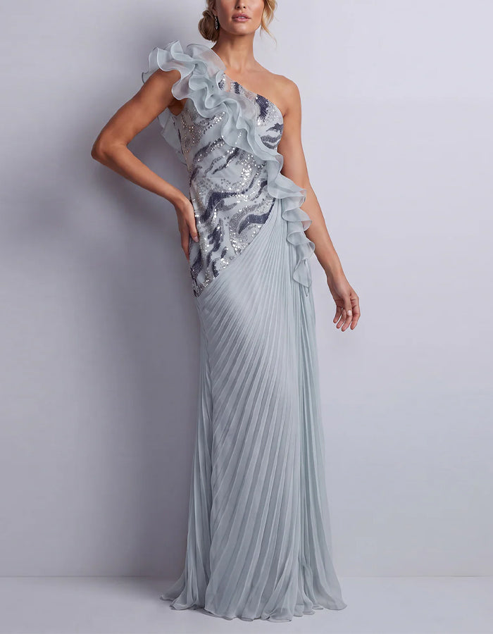Blue Grey One Shoulder Sequined Pleated Chiffon Maxi Dress – Alizua