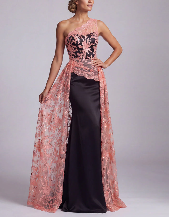 Coral Pink Lace One Shoulder Black Satin Maxi Dress