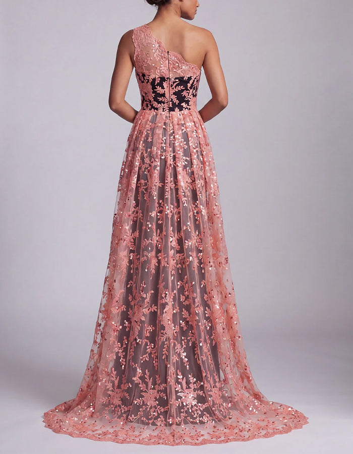 Coral Pink Lace One Shoulder Black Satin Maxi Dress