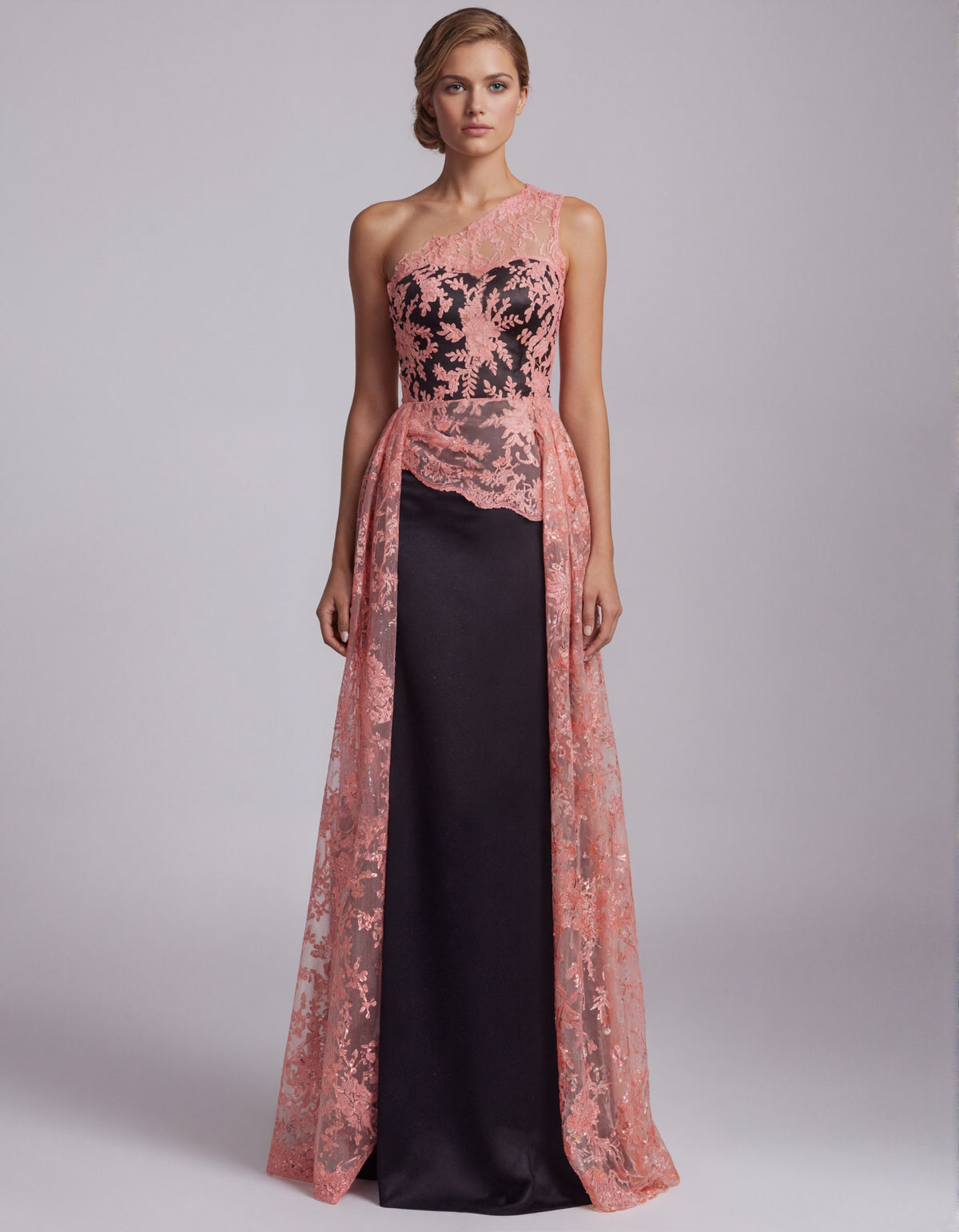 Coral Pink Lace One Shoulder Black Satin Maxi Dress