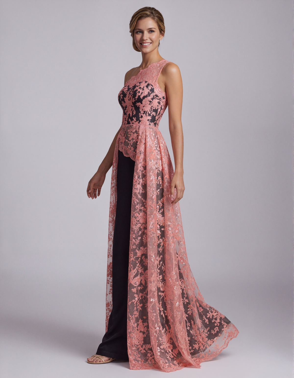 Coral Pink Lace One Shoulder Black Satin Maxi Dress