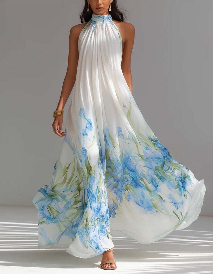 White Chiffon With Blue Watercolor Floral Pattern Maxi Dress