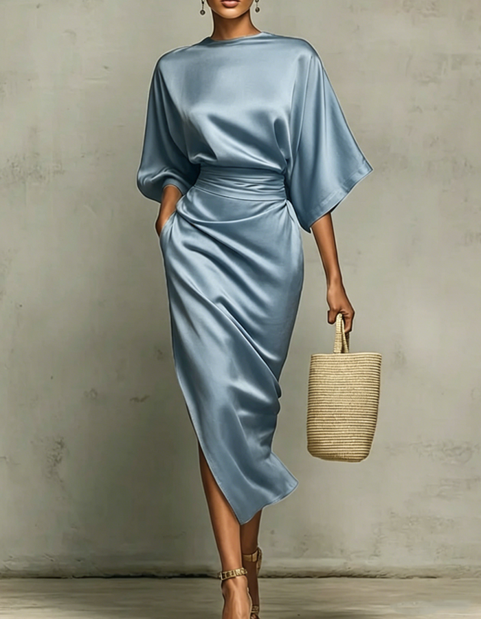 Multicolor Satin Draped Midi Dress