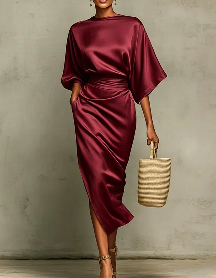 Multicolor Satin Draped Midi Dress