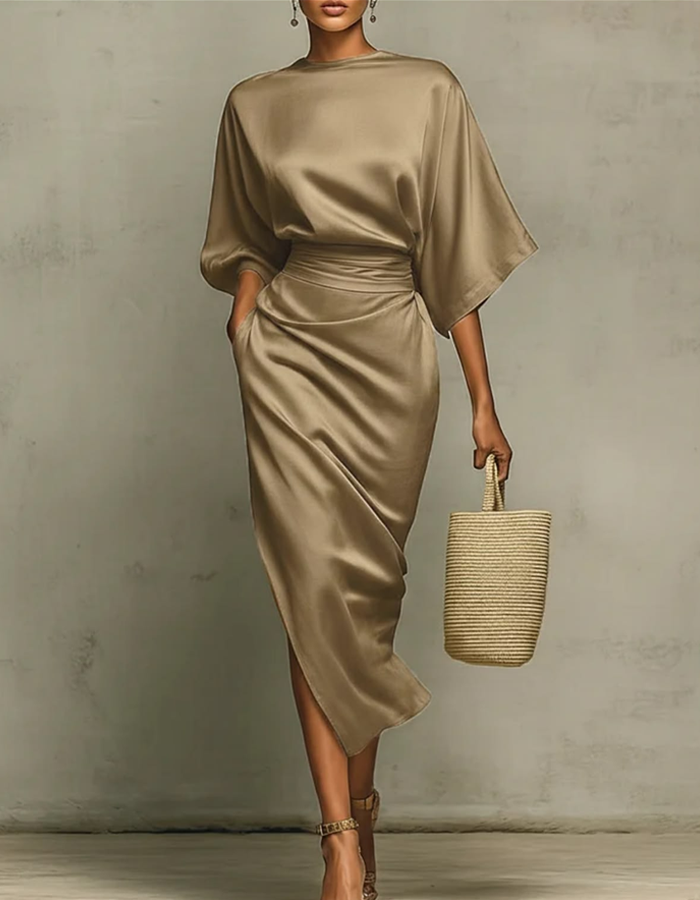 Multicolor Satin Draped Midi Dress