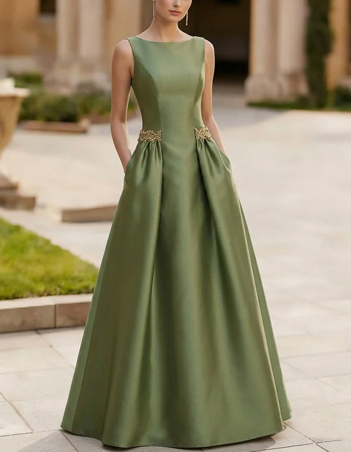 Satin Bateau Neck A-Line Maxi Dress