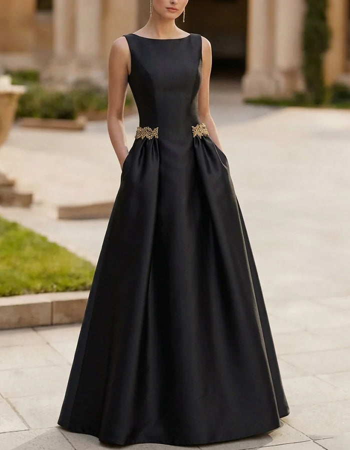 Satin Bateau Neck A-Line Maxi Dress