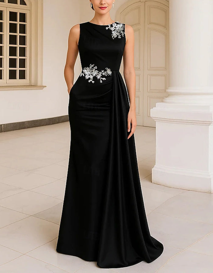 Solid Color Satin Sequin Appliqué Maxi Dress