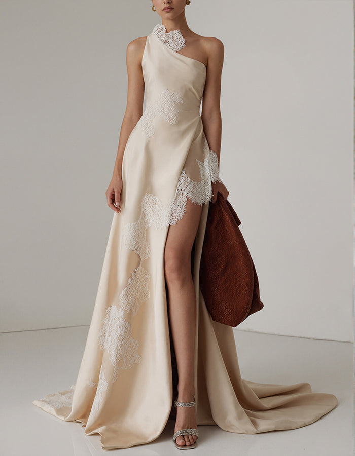 Light Champagne Satin One Shoulder Lace Appliqué Maxi Dress