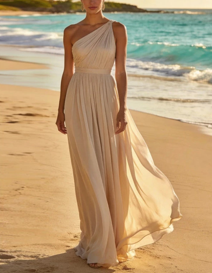 Apricot Chiffon One Shoulder Maxi Dress