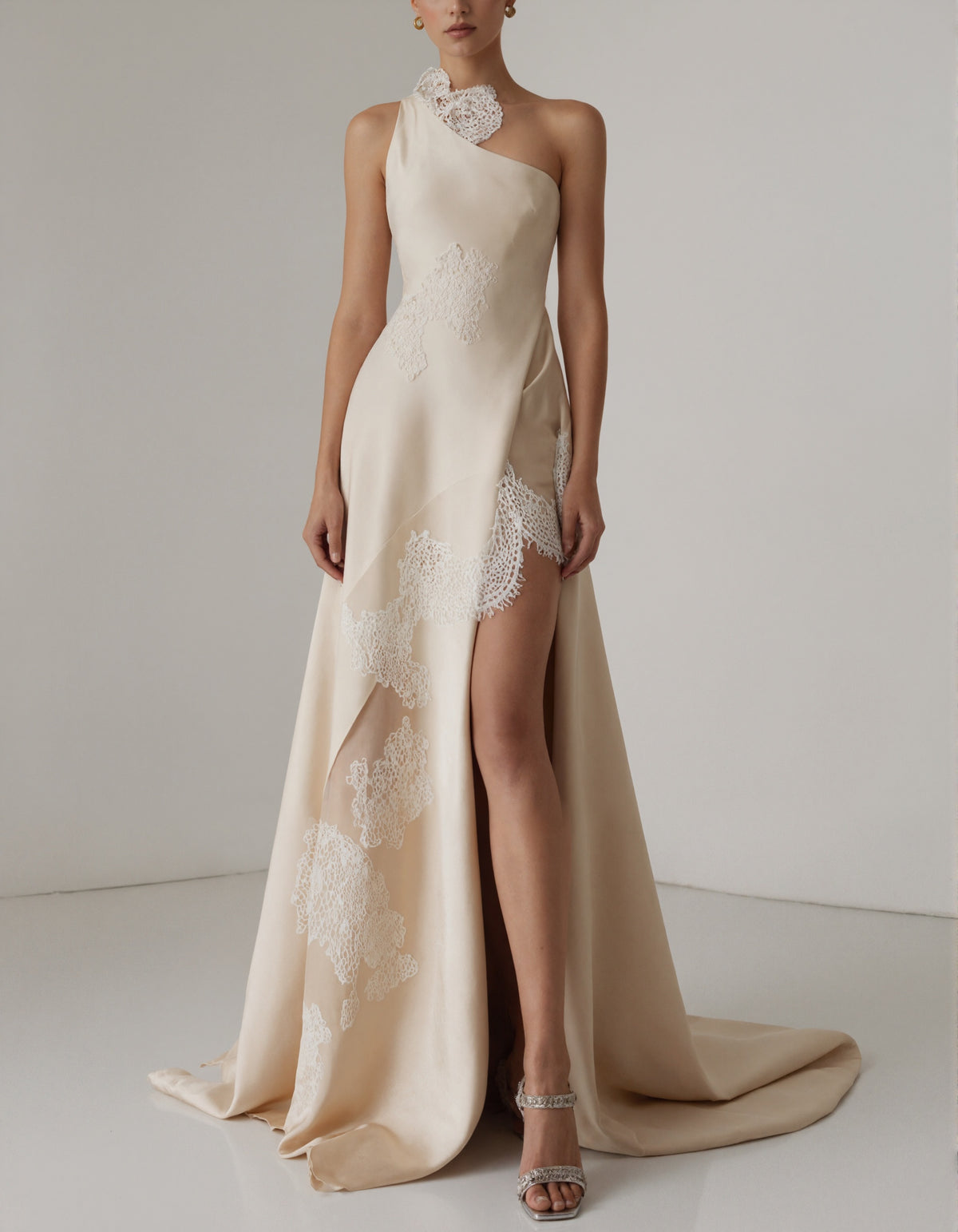 Light Champagne Satin One Shoulder Lace Appliqué Maxi Dress