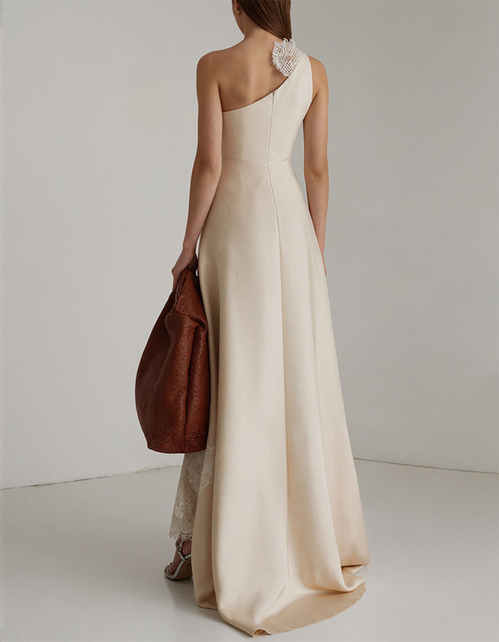 Light Champagne Satin One Shoulder Lace Appliqué Maxi Dress