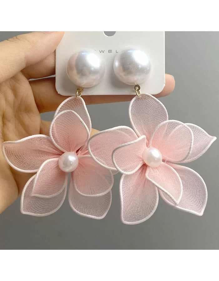 Fabric Pearl Flower Earrings