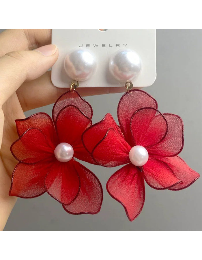 Fabric Pearl Flower Earrings