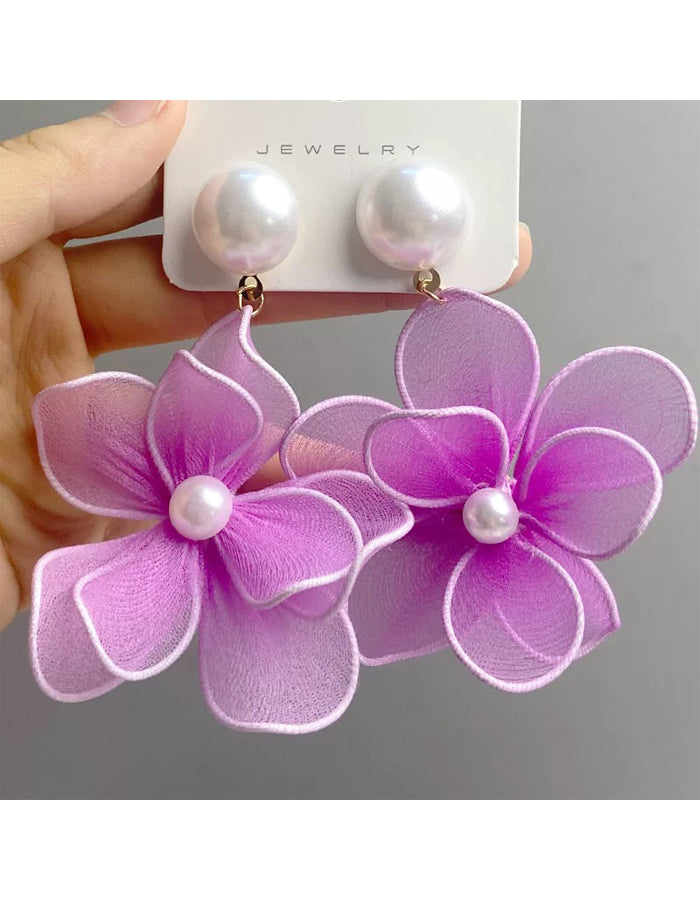 Fabric Pearl Flower Earrings