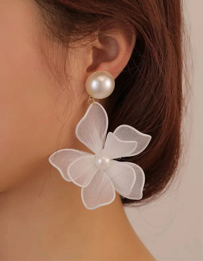 Fabric Pearl Flower Earrings