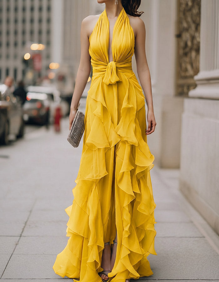 Gray Halter Neck Ruffled Chiffon Maxi Dress