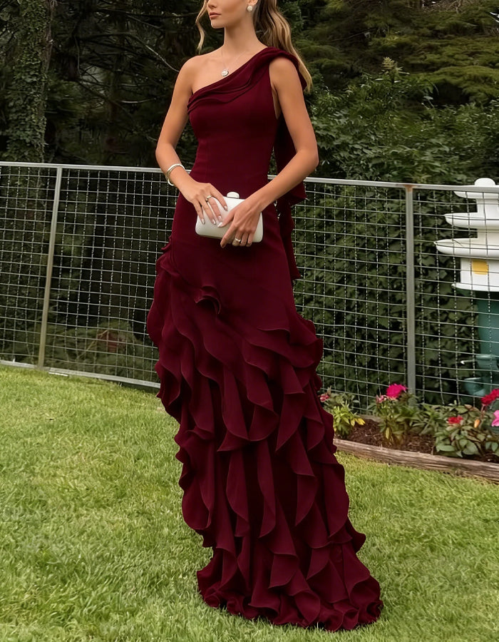 Solid Color One Shoulder Ruffled Chiffon Maxi Dress