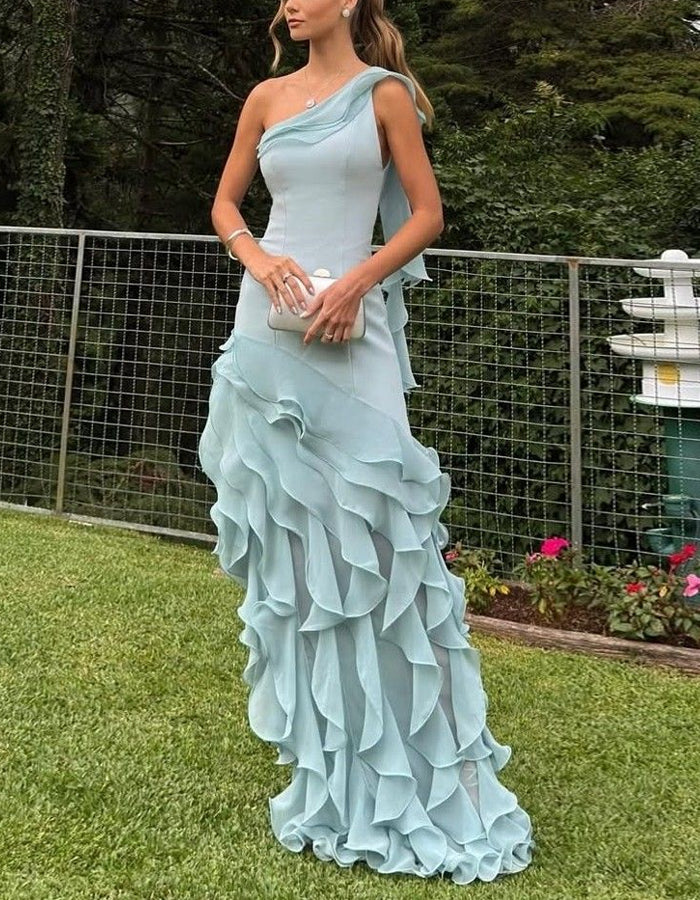 Solid Color One Shoulder Ruffled Chiffon Maxi Dress