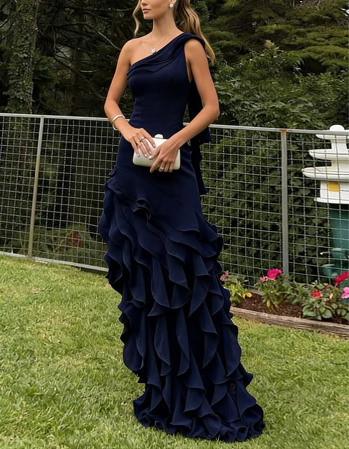 Solid Color One Shoulder Ruffled Chiffon Maxi Dress