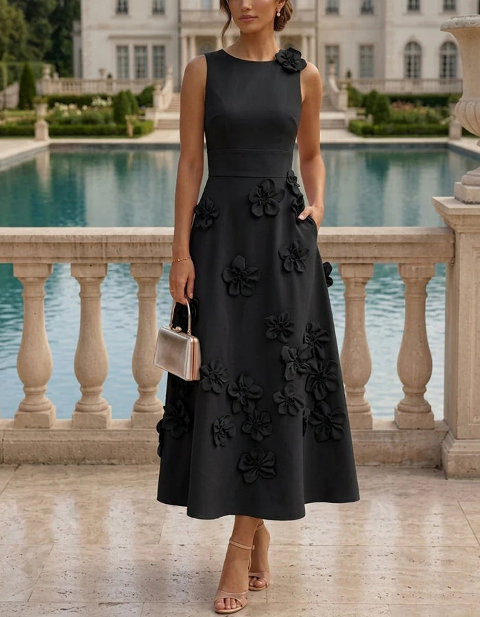 Round Neck Sleeveless 3D Floral Blended Midi Dress
