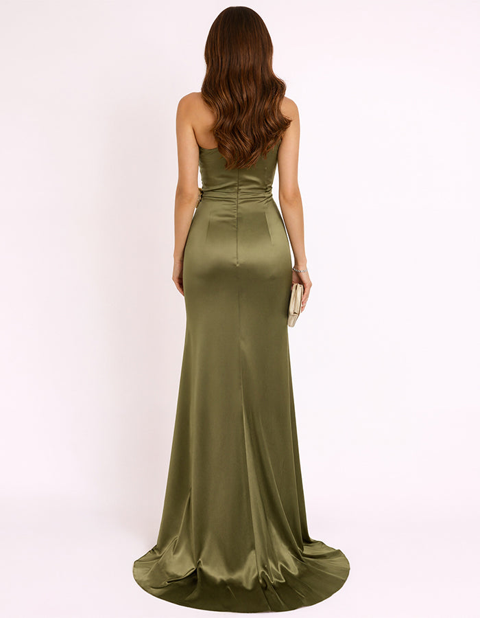 Olive Green Satin Shoulder Maxi Dress