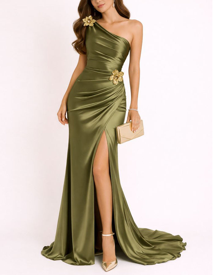 Olive Green Satin Shoulder Maxi Dress
