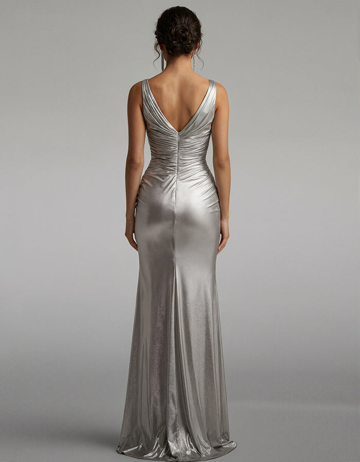 Silver Satin V-Neck Beauty Maxi Dress